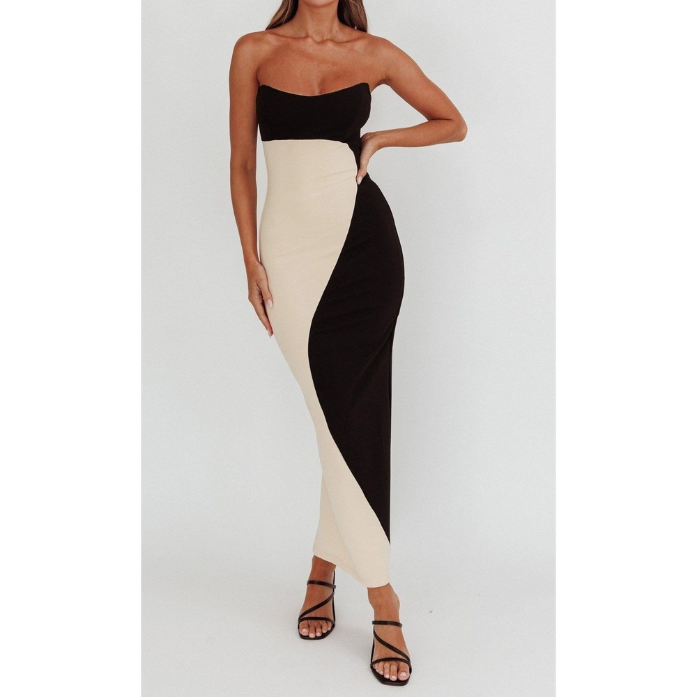 Selfie Leslie Regent Maxi Dress Women XS Black Beige Colorblock Strapless Formal